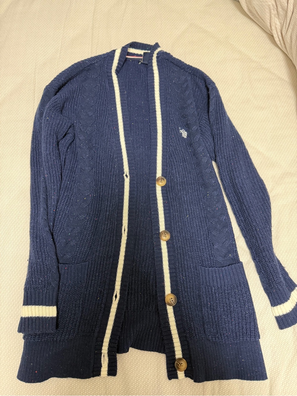 U.S. Polo Assn. Navy Knit Cardigan with Cream Trim